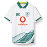 The Ireland 26 Alternate Test Jersey by Canterbury features a stylish green collar, IRFU and Canterbury branding, a Vodafone sponsor logo, and an eye-catching abstract green wave design at the hem. Designed for both comfort and durability, this performance rugby jersey is perfect for passionate fans.