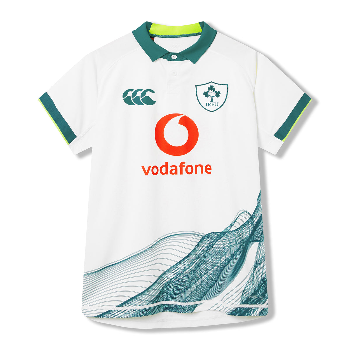 Ireland 26 Alternate Pro Jersey by Canterbury: A white short-sleeved rugby jersey featuring green accents, IRFU and sponsor logos, and a wave pattern near the bottom.