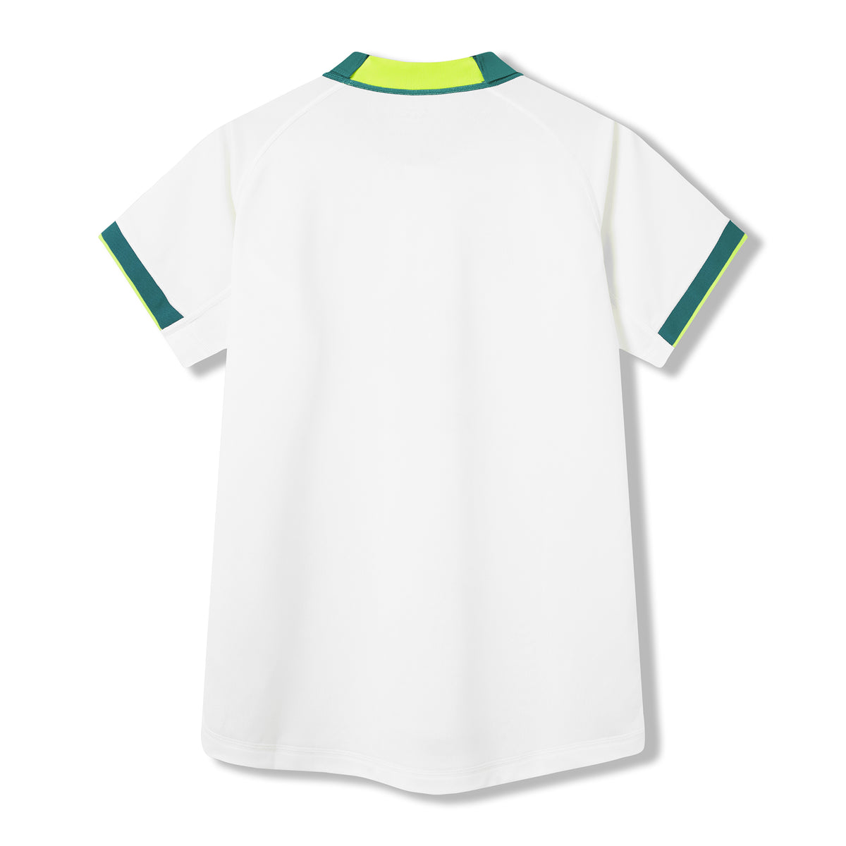 Back view of a short-sleeve Ireland 26 Alternate Pro Jersey by Canterbury in white, featuring green and yellow accents on the collar and sleeves, laid flat against a white background.