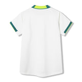 Back view of a short-sleeve Ireland 26 Alternate Pro Jersey by Canterbury in white, featuring green and yellow accents on the collar and sleeves, laid flat against a white background.