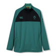 The Ireland 26 1/4 Zip Training Top by Canterbury is a green and black long-sleeve pullover featuring Thermoreg technology, convenient zip pockets, official Ireland rugby and Canterbury logos, and classic quarter-zip styling.