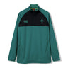 The Ireland 26 1/4 Zip Training Top by Canterbury is a green and black long-sleeve pullover featuring Thermoreg technology, convenient zip pockets, official Ireland rugby and Canterbury logos, and classic quarter-zip styling.