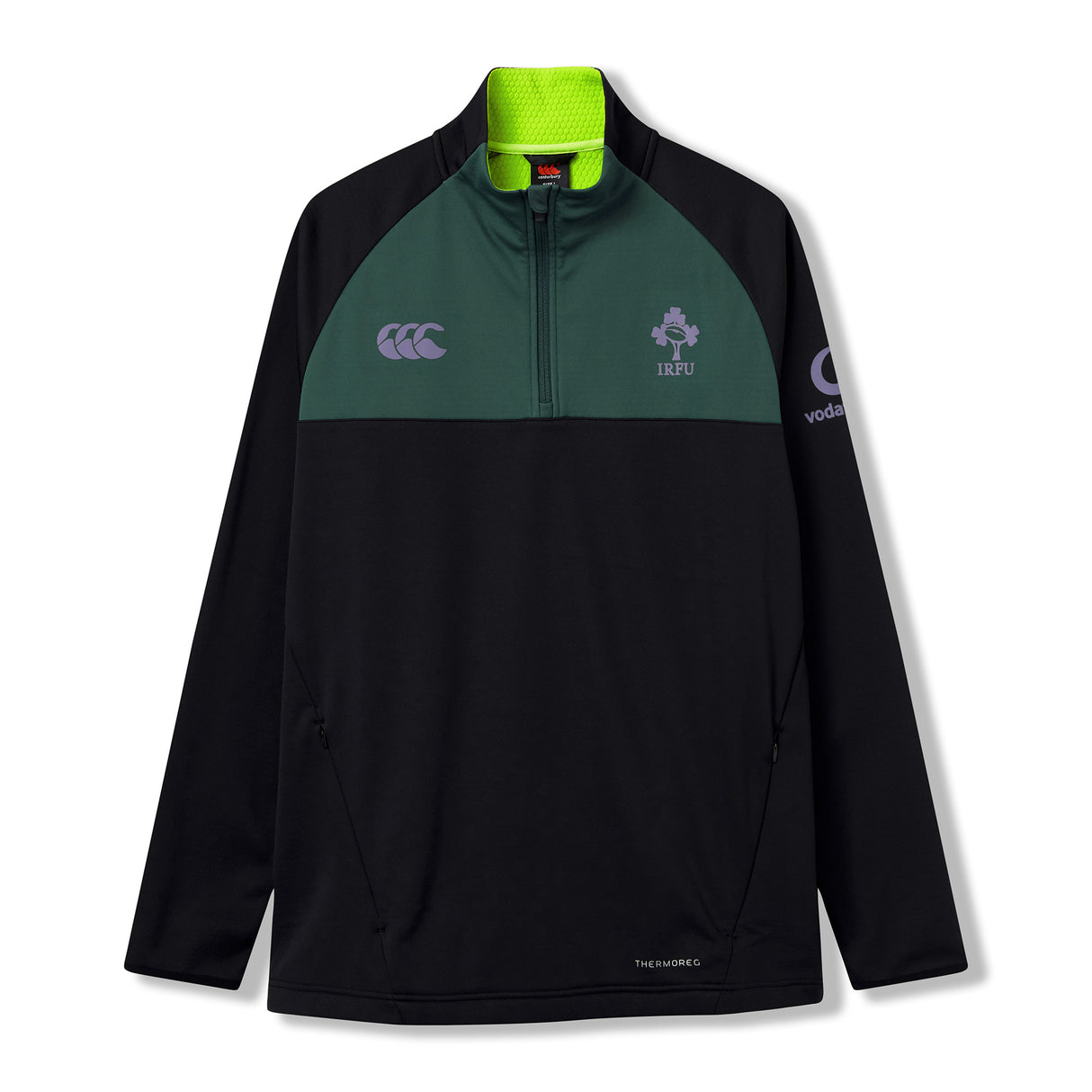 The Ireland 26 1/4 Zip Training Top by Canterbury features a black and dark green design with a quarter-zip front, IRFU and Canterbury logos, a neon green inner collar, and a Vodafone logo on the sleeve. Crafted with Thermoreg technology to regulate your body temperature during intense sessions, this rugby training top combines performance and style.