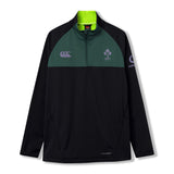 The Ireland 26 1/4 Zip Training Top by Canterbury features a black and dark green design with a quarter-zip front, IRFU and Canterbury logos, a neon green inner collar, and a Vodafone logo on the sleeve. Crafted with Thermoreg technology to regulate your body temperature during intense sessions, this rugby training top combines performance and style.