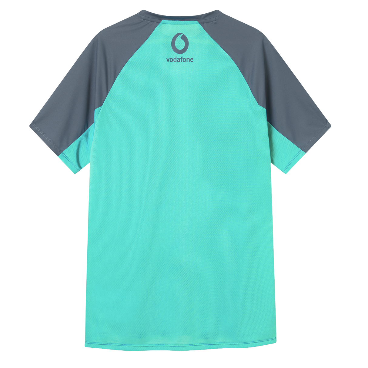 Back view of the Canterbury Ireland 26/27 Summer Tour Superlight Training Tee, a short-sleeved sports shirt in teal and dark gray, featuring a Vodafone logo near the collar.