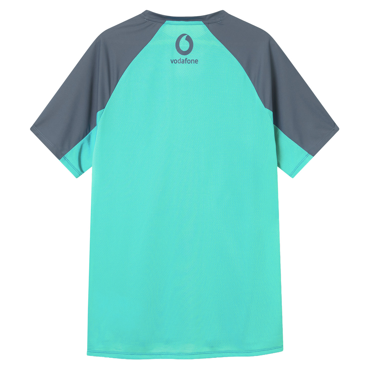 Back view of the Canterbury Ireland 26/27 Summer Tour Superlight Training Tee, a short-sleeved sports shirt in teal and dark gray, featuring a Vodafone logo near the collar.
