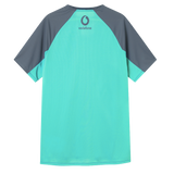 Back view of the Canterbury Ireland 26/27 Summer Tour Superlight Training Tee, a short-sleeved sports shirt in teal and dark gray, featuring a Vodafone logo near the collar.