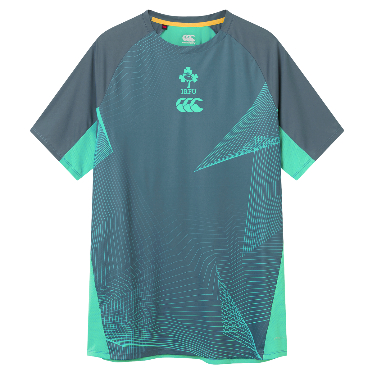 The Ireland 26/27 Summer Tour Superlight Training Tee by Canterbury features short sleeves, teal and gray geometric patterns, the IRFU crest, and the Canterbury Superlight logo on the chest.