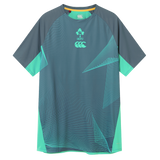 The Ireland 26/27 Summer Tour Superlight Training Tee by Canterbury features short sleeves, teal and gray geometric patterns, the IRFU crest, and the Canterbury Superlight logo on the chest.