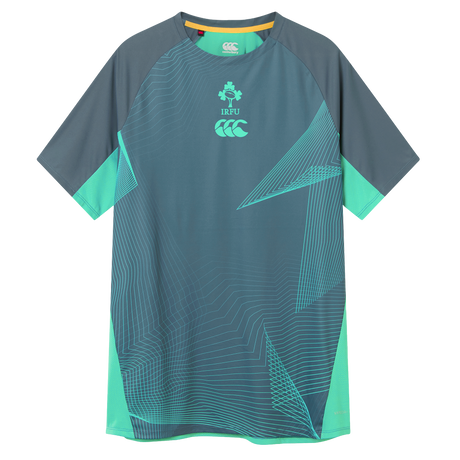 The Ireland 26/27 Summer Tour Superlight Training Tee by Canterbury features short sleeves, teal and gray geometric patterns, the IRFU crest, and the Canterbury Superlight logo on the chest.