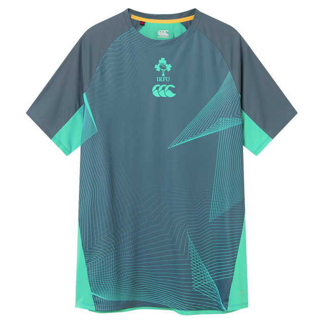 The Ireland 26/27 Summer Tour Superlight Training Tee by Canterbury features short sleeves, teal and gray geometric patterns, the IRFU crest, and the Canterbury Superlight logo on the chest.