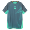 The Ireland 26/27 Summer Tour Superlight Training Tee by Canterbury features short sleeves, teal and gray geometric patterns, the IRFU crest, and the Canterbury Superlight logo on the chest.