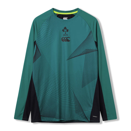 The Ireland 26 LS Superlight Training T-shirt by Canterbury features long sleeves, a green and black athletic design with geometric line patterns, IRFU and CCC logos on the front, and dark side panels. This Canterbury shirt offers a superlight construction for performance and comfort during intense training sessions.
