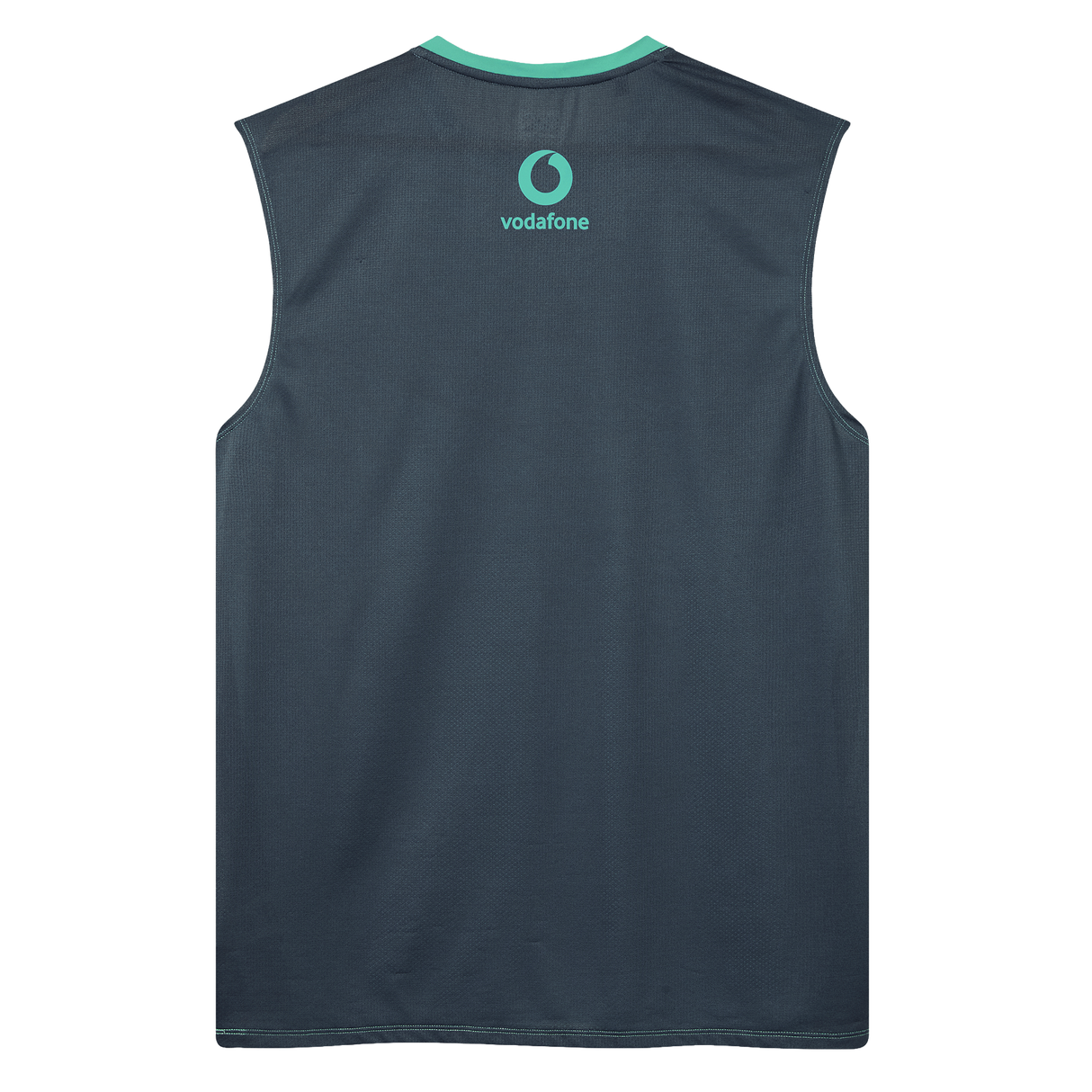 The Ireland 26/27 Summer Tour Superlight Training Tank by Canterbury is a sleeveless dark gray top, shown from the back, with a turquoise Vodafone logo near the neckline—ideal for Canterbury Ireland rugby fans.
