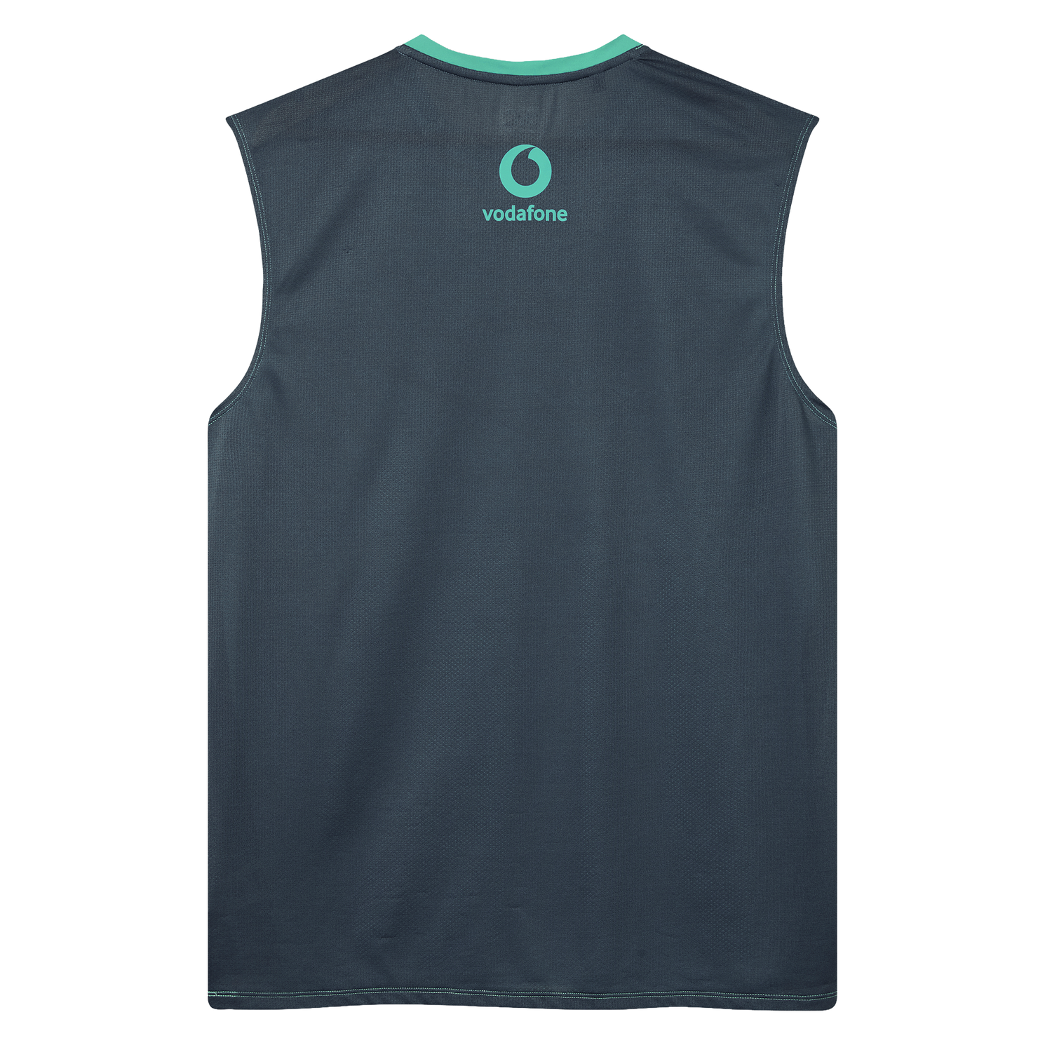 The Ireland 26/27 Summer Tour Superlight Training Tank by Canterbury is a sleeveless dark gray top, shown from the back, with a turquoise Vodafone logo near the neckline—ideal for Canterbury Ireland rugby fans.