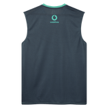 The Ireland 26/27 Summer Tour Superlight Training Tank by Canterbury is a sleeveless dark gray top, shown from the back, with a turquoise Vodafone logo near the neckline—ideal for Canterbury Ireland rugby fans.