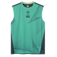 The Ireland 26/27 Summer Tour Superlight Training Tank by Canterbury is a sleeveless green top with geometric patterns, IRFU and Canterbury chest logos, plus dark side panels—ideal for Ireland rugby fans.