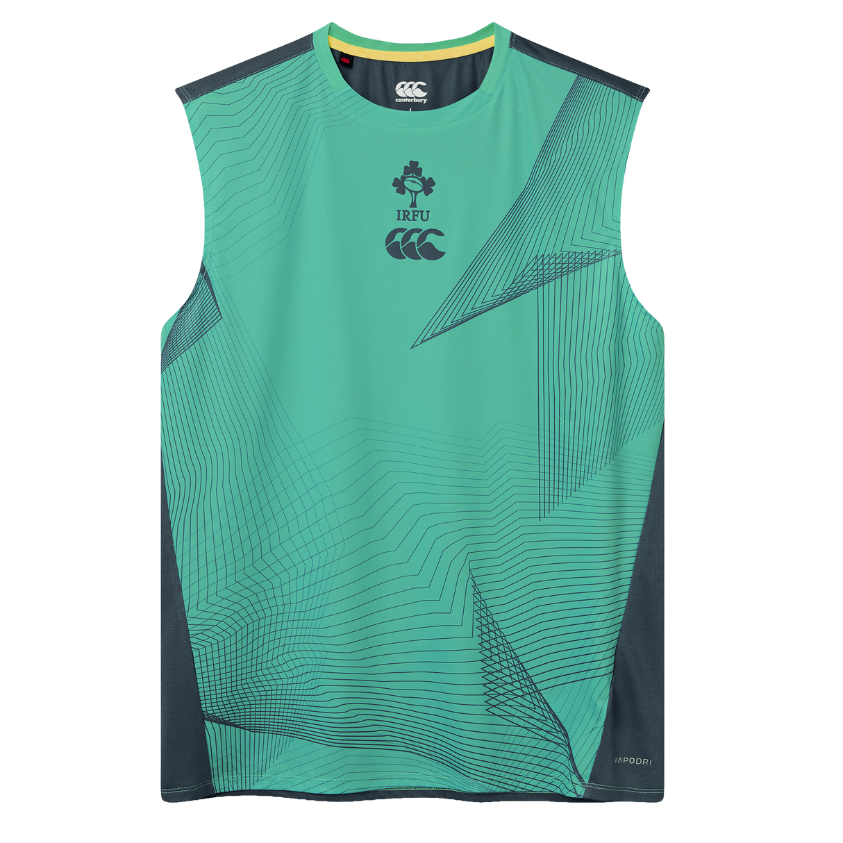 The Ireland 26/27 Summer Tour Superlight Training Tank by Canterbury is a sleeveless green top with geometric patterns, IRFU and Canterbury chest logos, plus dark side panels—ideal for Ireland rugby fans.