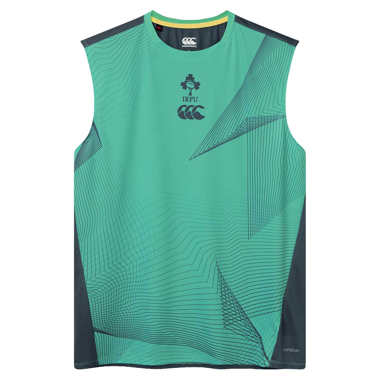 The Ireland 26/27 Summer Tour Superlight Training Tank by Canterbury is a sleeveless green top with geometric patterns, IRFU and Canterbury chest logos, plus dark side panels—ideal for Ireland rugby fans.
