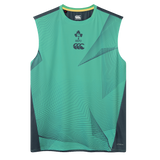 The Ireland 26/27 Summer Tour Superlight Training Tank by Canterbury is a sleeveless green top with geometric patterns, IRFU and Canterbury chest logos, plus dark side panels—ideal for Ireland rugby fans.