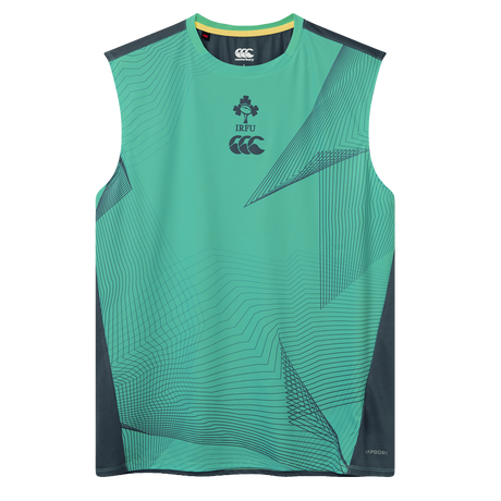 The Ireland 26/27 Summer Tour Superlight Training Tank by Canterbury is a sleeveless green top with geometric patterns, IRFU and Canterbury chest logos, plus dark side panels—ideal for Ireland rugby fans.