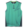 The Ireland 26/27 Summer Tour Superlight Training Tank by Canterbury is a sleeveless green top with geometric patterns, IRFU and Canterbury chest logos, plus dark side panels—ideal for Ireland rugby fans.