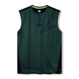 Sleeveless green Ireland 26 Training Tank by Canterbury AW26, featuring subtle geometric patterns, Canterbury and IRFU logos on the front, and black side panels, laid flat on a white background—this lightweight athletic top is ideal for intense Ireland training sessions.