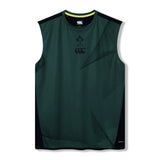 Sleeveless green Ireland 26 Training Tank by Canterbury AW26, featuring subtle geometric patterns, Canterbury and IRFU logos on the front, and black side panels, laid flat on a white background—this lightweight athletic top is ideal for intense Ireland training sessions.