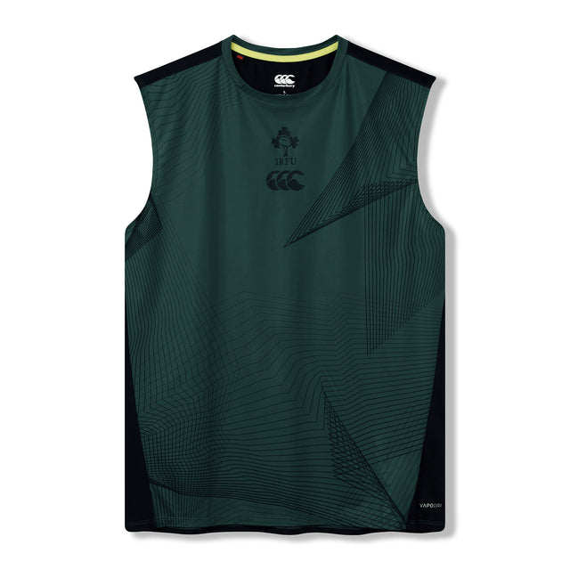 Sleeveless green Ireland 26 Training Tank by Canterbury AW26, featuring subtle geometric patterns, Canterbury and IRFU logos on the front, and black side panels, laid flat on a white background—this lightweight athletic top is ideal for intense Ireland training sessions.