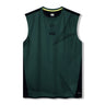 Sleeveless green Ireland 26 Training Tank by Canterbury AW26, featuring subtle geometric patterns, Canterbury and IRFU logos on the front, and black side panels, laid flat on a white background—this lightweight athletic top is ideal for intense Ireland training sessions.