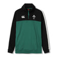 The Women’s Ireland 26 Legends 1/4 Zip Sweatshirt by Canterbury features black sleeves, a green body, white stripes, and IRFU and Canterbury logos on the chest—making it an ideal choice for fans looking for stylish women’s rugby apparel.
