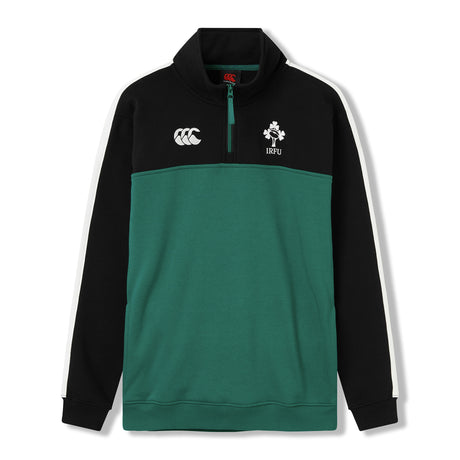 The Women’s Ireland 26 Legends 1/4 Zip Sweatshirt by Canterbury features black sleeves, a green body, white stripes, and IRFU and Canterbury logos on the chest—making it an ideal choice for fans looking for stylish women’s rugby apparel.