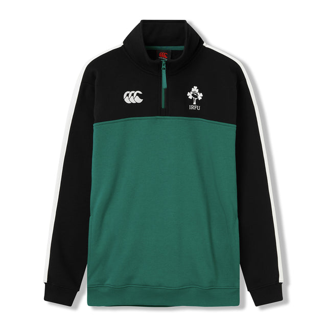 The Women’s Ireland 26 Legends 1/4 Zip Sweatshirt by Canterbury features black sleeves, a green body, white stripes, and IRFU and Canterbury logos on the chest—making it an ideal choice for fans looking for stylish women’s rugby apparel.