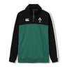 The Women’s Ireland 26 Legends 1/4 Zip Sweatshirt by Canterbury features black sleeves, a green body, white stripes, and IRFU and Canterbury logos on the chest—making it an ideal choice for fans looking for stylish women’s rugby apparel.