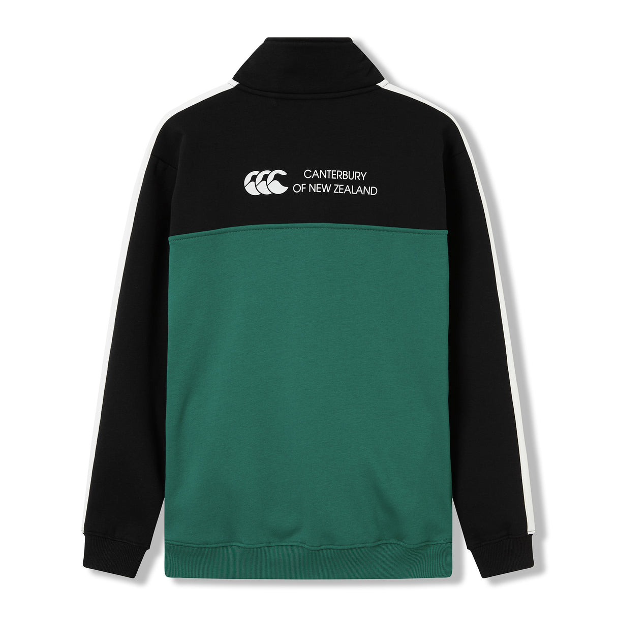 Seen from the back, the Women’s Ireland 26 Legends 1/4 Zip Sweatshirt by Canterbury features a black and green design with bold white logo and text across the shoulders—an ideal choice for fans of women’s rugby apparel or anyone seeking an Ireland Rugby sweatshirt alternative with classic Canterbury 1/4 zip styling.