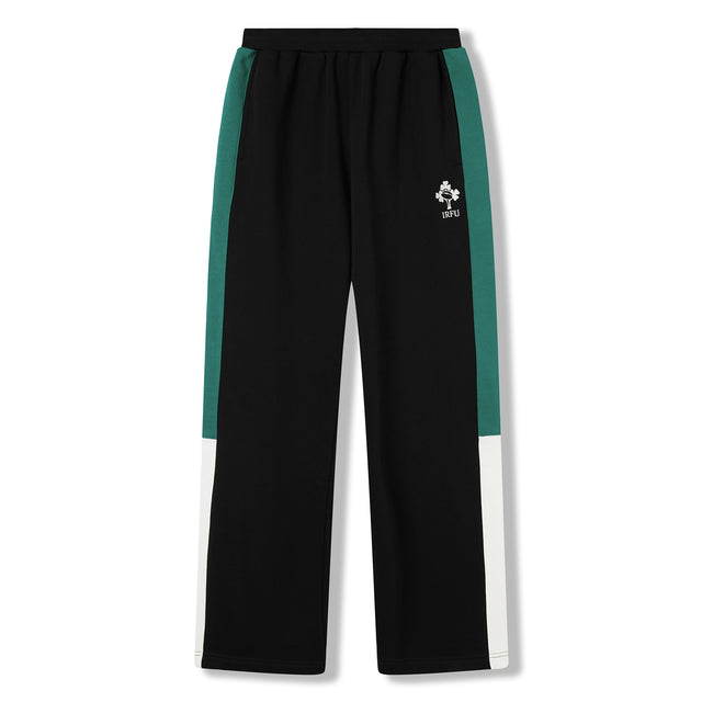 Women’s Ireland 26 Legends Fleece Pant by Canterbury features black track pants with green and white side panels, an elastic waistband, and a small white embroidered Canterbury logo on the left thigh, inspired by classic Women’s Ireland Rugby pants.