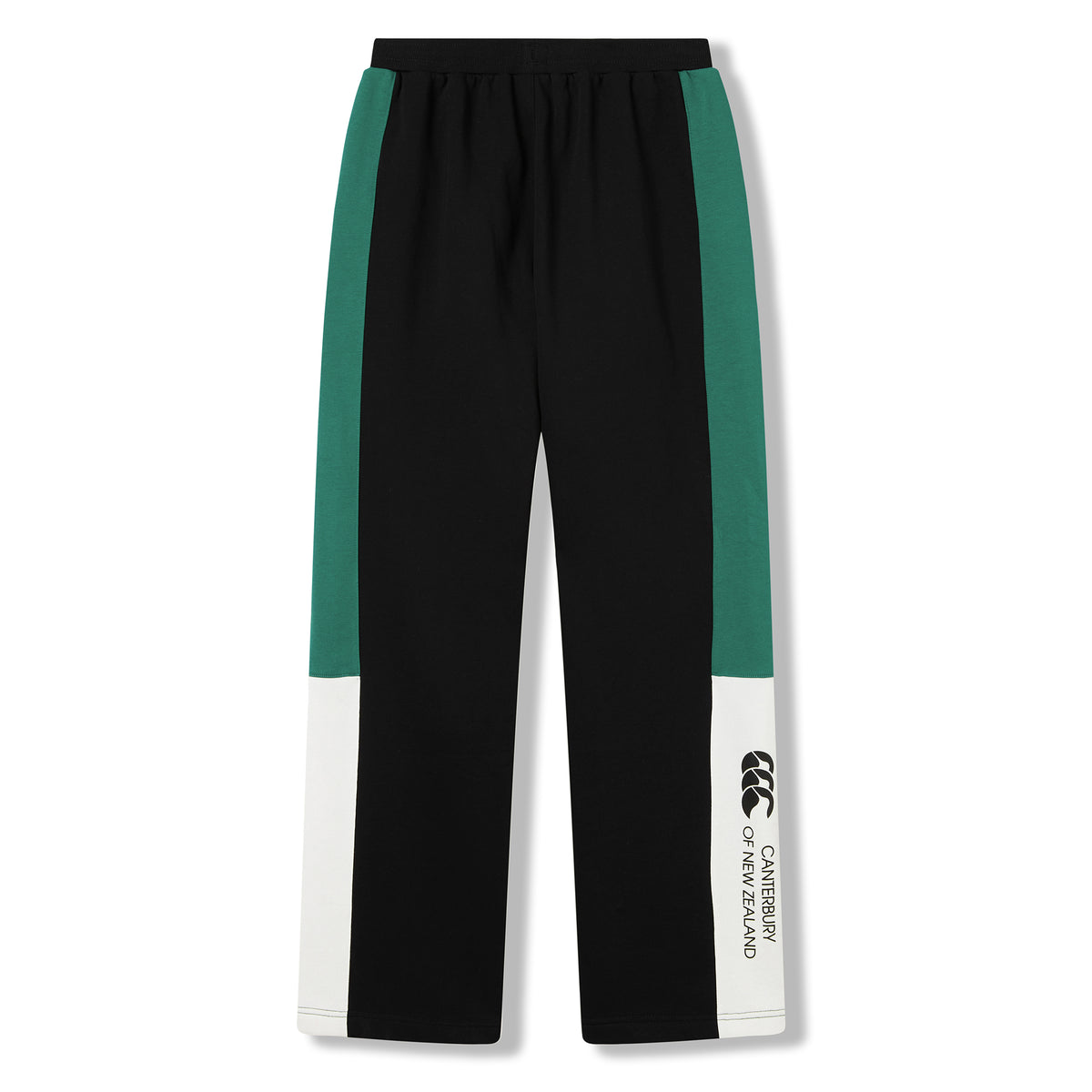 The Women’s Ireland 26 Legends Fleece Pant by Canterbury features black fabric with green and white side panels, an elastic waistband, and a branded logo with text on the lower left leg—offering both comfort and style for fans of Ireland Rugby.
