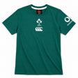 Women’s Ireland 26 Cotton T-shirt by Canterbury in green with short sleeves, featuring the IRFU logo, Canterbury branding, and Vodafone sleeve sponsor, laid flat on a white background.