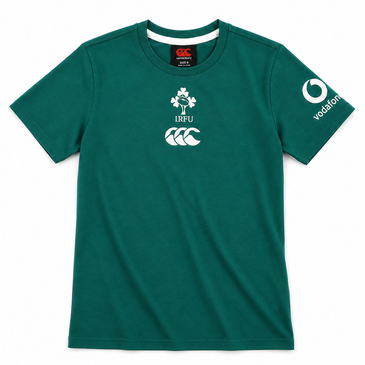 Women’s Ireland 26 Cotton T-shirt by Canterbury in green with short sleeves, featuring the IRFU logo, Canterbury branding, and Vodafone sleeve sponsor, laid flat on a white background.
