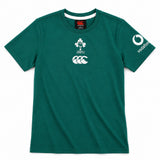 Women’s Ireland 26 Cotton T-shirt by Canterbury in green with short sleeves, featuring the IRFU logo, Canterbury branding, and Vodafone sleeve sponsor, laid flat on a white background.