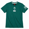 Women’s Ireland 26 Cotton T-shirt by Canterbury in green with short sleeves, featuring the IRFU logo, Canterbury branding, and Vodafone sleeve sponsor, laid flat on a white background.