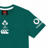 The Women’s Ireland 26 Cotton T-shirt by Canterbury is a green short-sleeve rugby shirt featuring IRFU, Canterbury, and Vodafone logos printed in white on the chest and sleeve. This stylish Canterbury shirt is perfect for fans who want to show their support with comfort and pride.