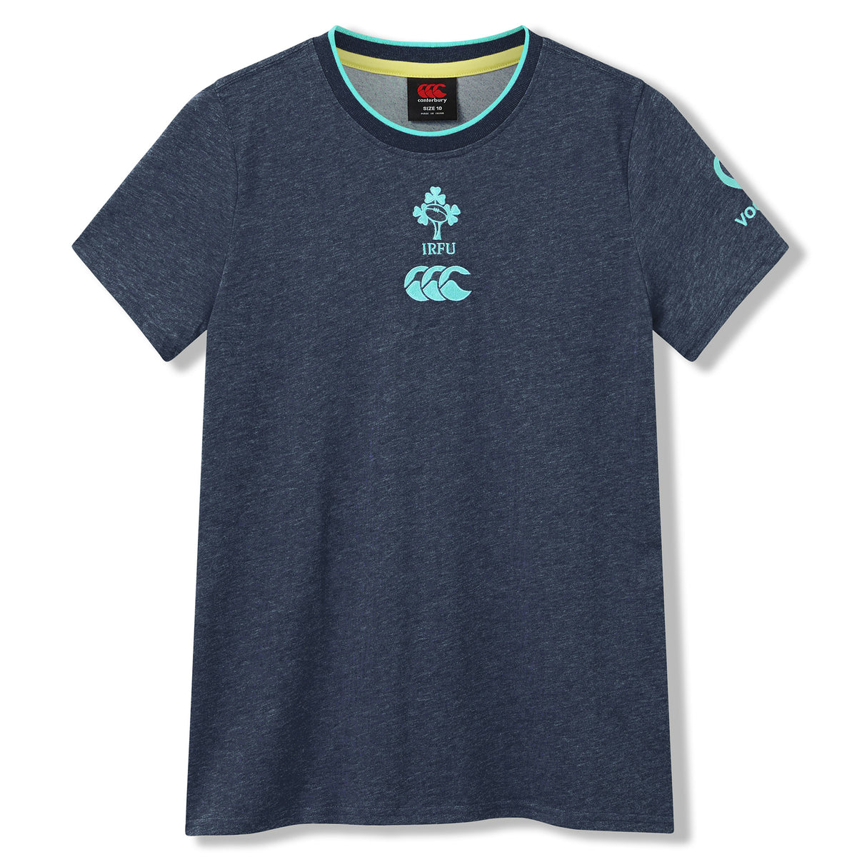 The Women’s Ireland 26 Cotton T-shirt by Canterbury is a navy blue short-sleeve women’s cotton rugby shirt featuring IRFU and Canterbury logos on the chest and a turquoise “Vodafone” logo on the left sleeve, shown against a white background.