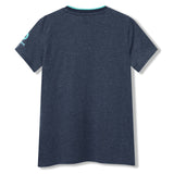 The image displays the back view of the Women’s Ireland 26 Cotton T-shirt by Canterbury in navy blue, featuring short sleeves and a small light blue Canterbury logo printed on the left sleeve.