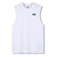 Canterbury Tempo+ GFX Training Tank—a sleeveless white athletic shirt featuring a small blue Canterbury logo on the left chest, showcased against a plain white background; this classic rugby training tank is expertly crafted for performance as part of Canterbury’s renowned training wear collection.