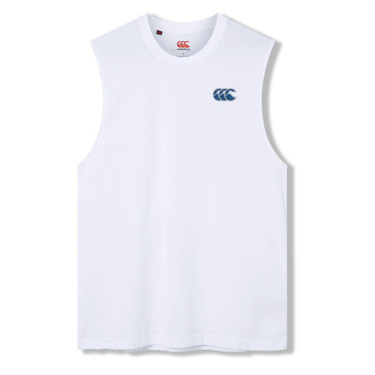 Canterbury Tempo+ GFX Training Tank—a sleeveless white athletic shirt featuring a small blue Canterbury logo on the left chest, showcased against a plain white background; this classic rugby training tank is expertly crafted for performance as part of Canterbury’s renowned training wear collection.