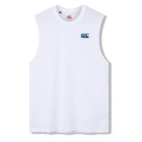 Canterbury Tempo+ GFX Training Tank—a sleeveless white athletic shirt featuring a small blue Canterbury logo on the left chest, showcased against a plain white background; this classic rugby training tank is expertly crafted for performance as part of Canterbury’s renowned training wear collection.