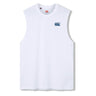 Canterbury Tempo+ GFX Training Tank—a sleeveless white athletic shirt featuring a small blue Canterbury logo on the left chest, showcased against a plain white background; this classic rugby training tank is expertly crafted for performance as part of Canterbury’s renowned training wear collection.