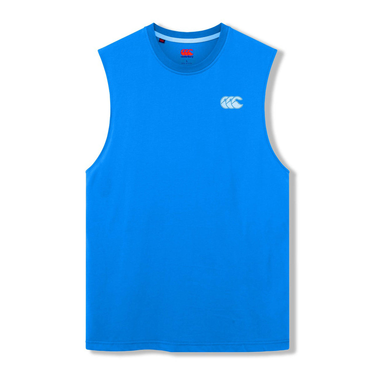 The Canterbury Tempo+ GFX Training Tank is a sleeveless, bright blue athletic tank top featuring a small white Canterbury logo on the left chest, shown laid flat on a white background.