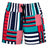 Canterbury’s Uglies Awning Shorts for men feature quick-drying fabric, an elastic waistband with a black drawstring, and a bold geometric pattern in red, teal, navy, and white stripes and blocks.
